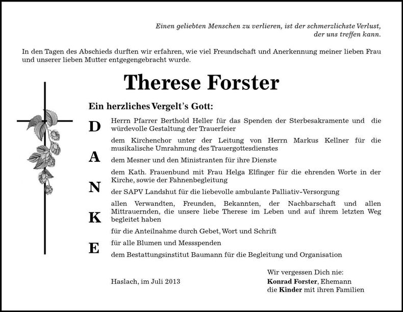 Traueranzeige Therese Forster