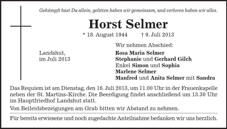 Traueranzeige Horst Selmer