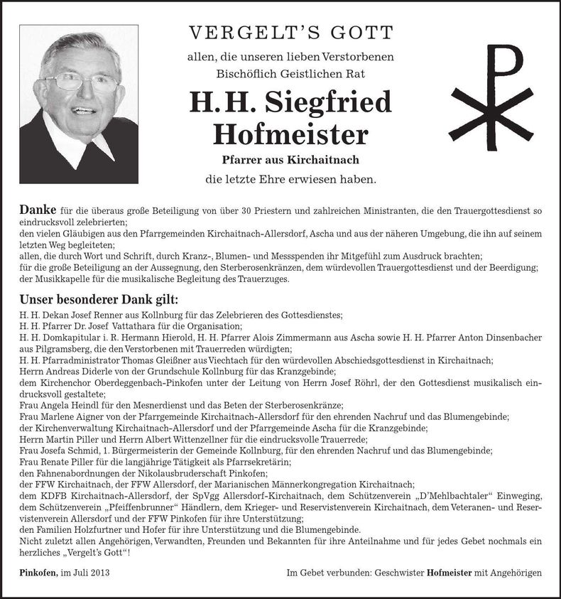 Traueranzeige H.H. Siegfried Hofmeister