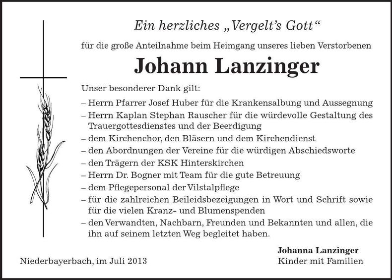 Traueranzeige Johann Lanzinger