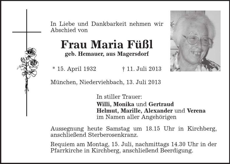 Traueranzeige Maria Füßl