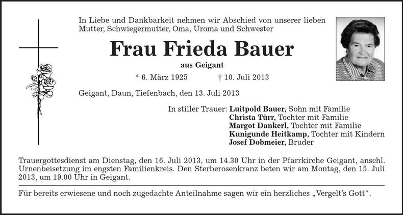 Traueranzeige Frieda Bauer