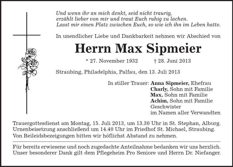 Traueranzeige Max Sipmeier
