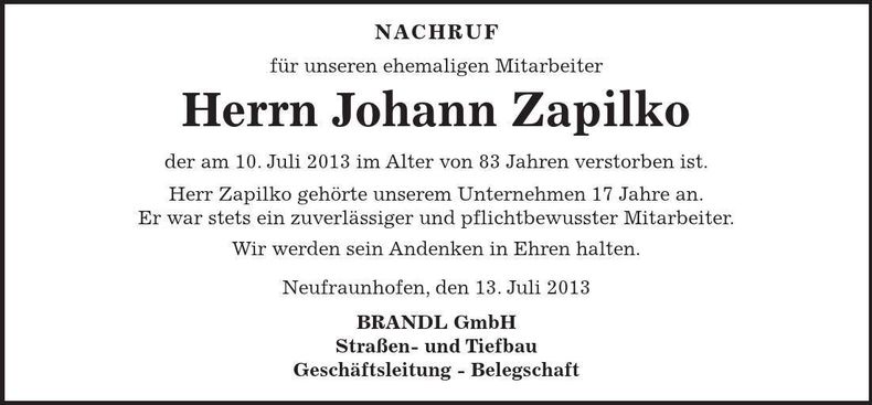 Traueranzeige Johann Zapilko