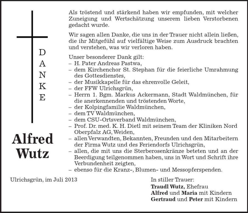 Traueranzeige Alfred Wutz