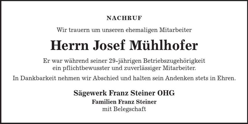Traueranzeige Josef Mühlhofer