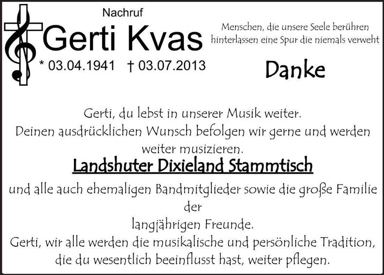 Traueranzeige Gerti Kvas