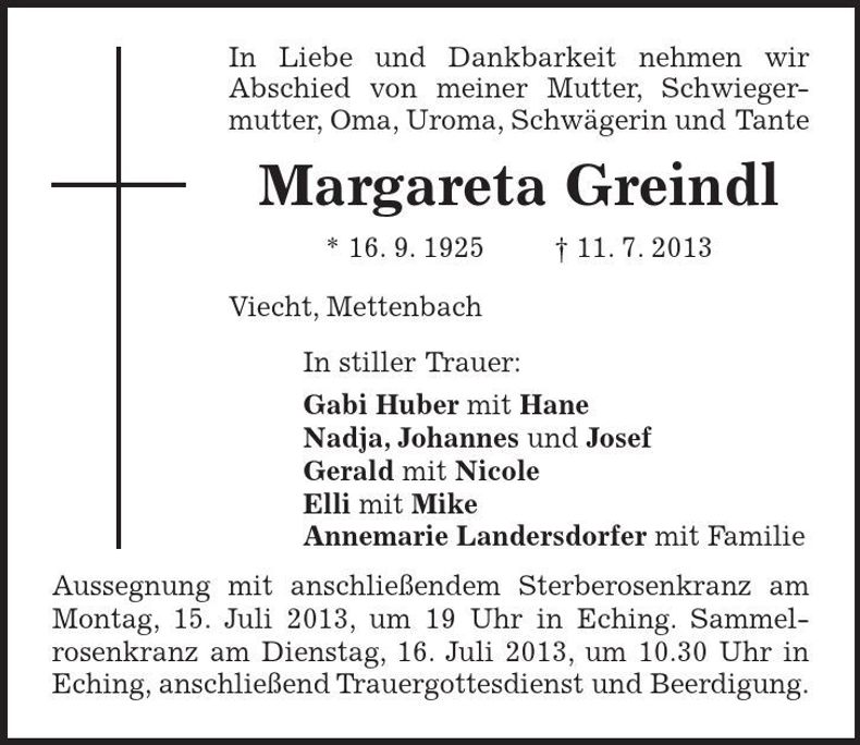 Traueranzeige Margareta Greindl