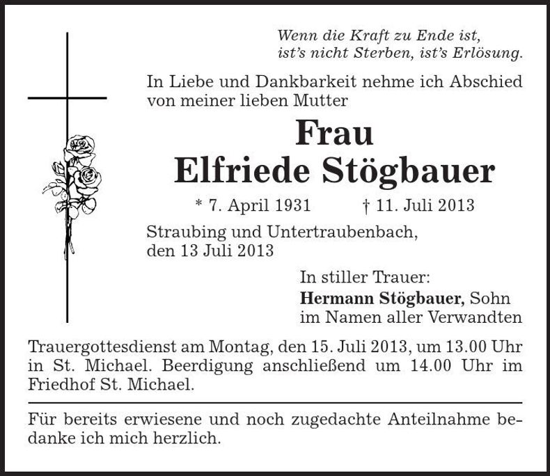 Traueranzeige Elfriede Stögbauer