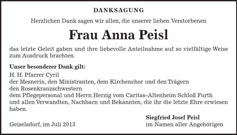 Traueranzeige Anna Peisl