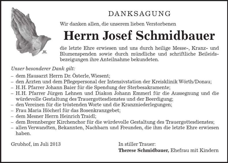Traueranzeige Josef Schmidbauer