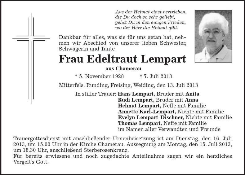 Traueranzeige Edeltraut Lempart