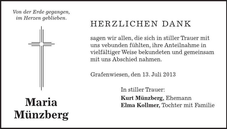 Traueranzeige Maria Münzberg