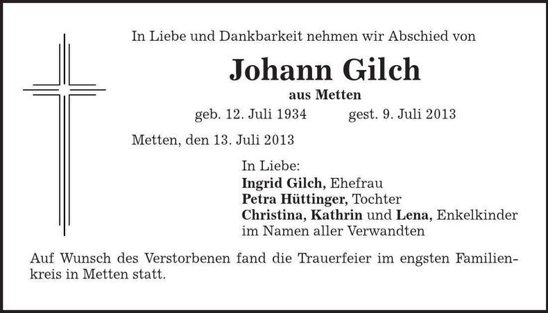 Traueranzeige Johann Gilch