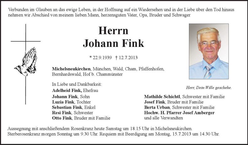 Traueranzeige Johann Fink