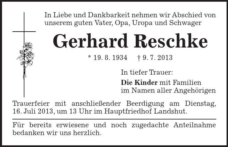Traueranzeige Gerhard Reschke
