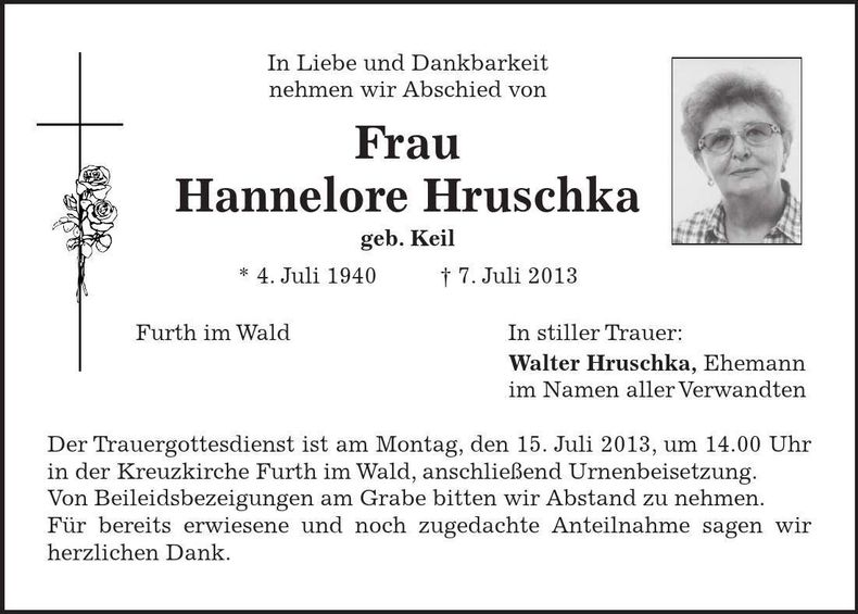 Traueranzeige Hannelore Hruschka