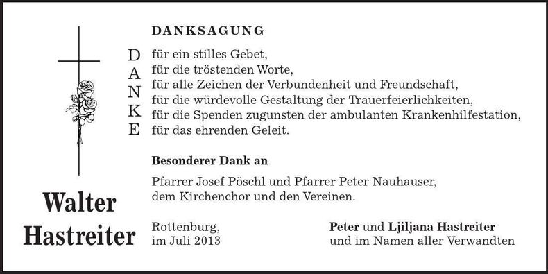 Traueranzeige Walter Hastreiter