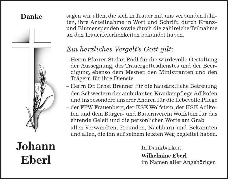 Traueranzeige Johann Eberl