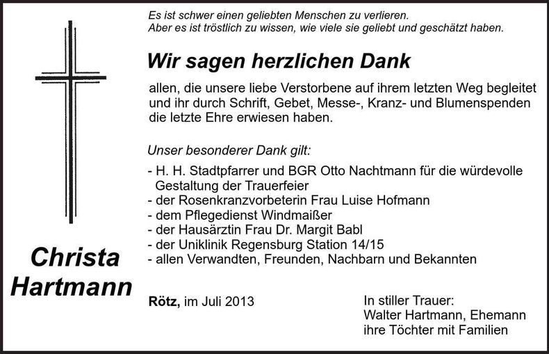 Traueranzeige Christa Hartmann