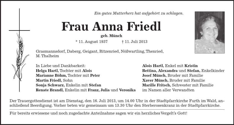 Traueranzeige Anna Friedl