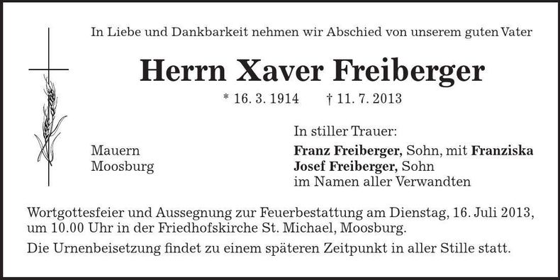 Traueranzeige Xaver Freiberger