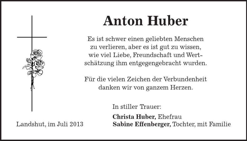 Traueranzeige Anton Huber