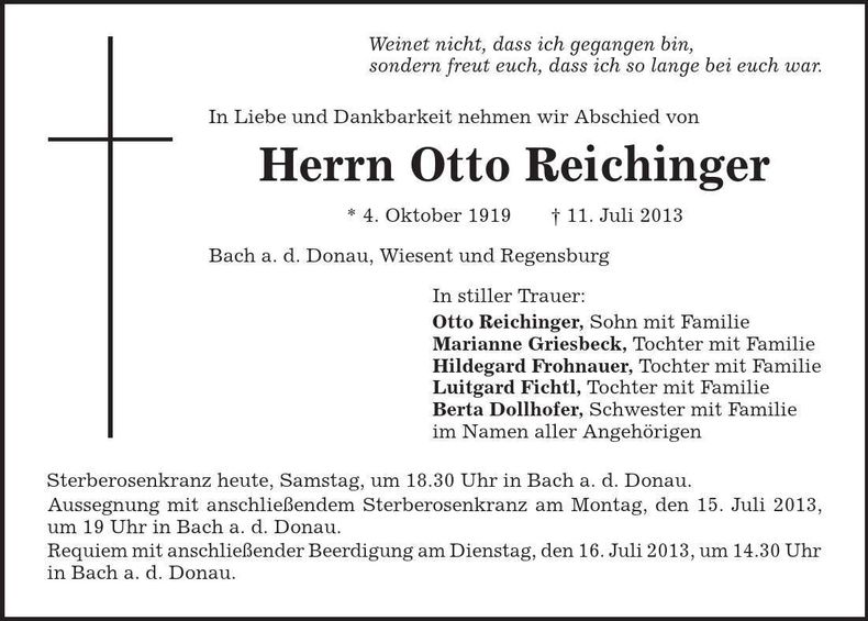 Traueranzeige Otto Reichinger