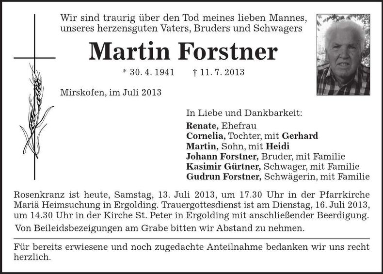 Traueranzeige Martin Forstner