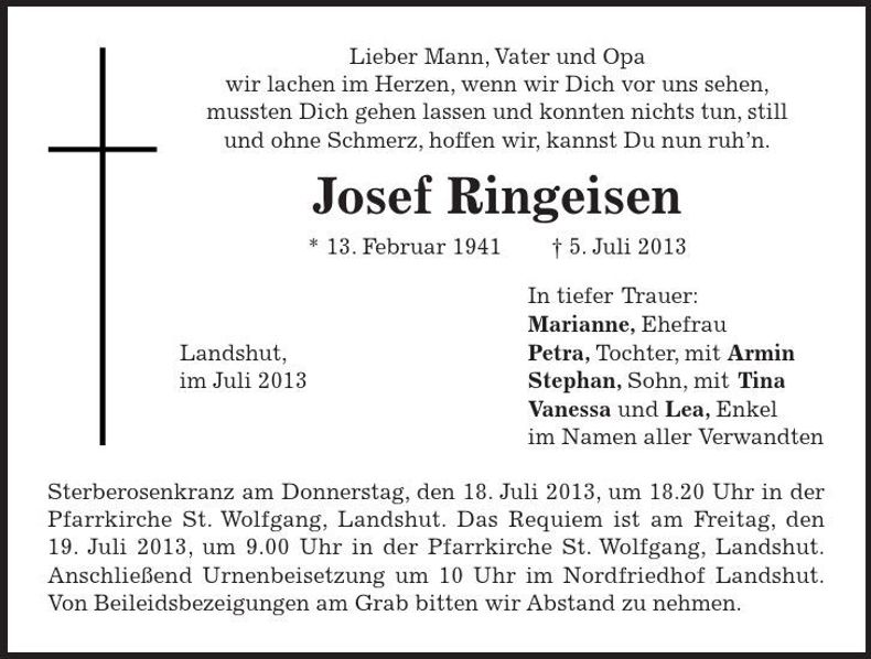 Traueranzeige Josef Ringeisen