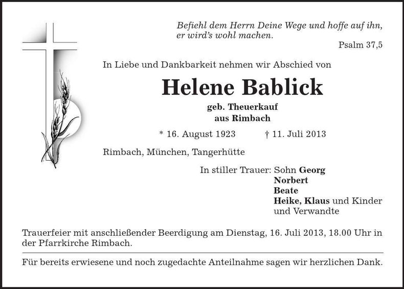 Traueranzeige Helene Bablick