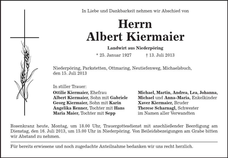 Traueranzeige Albert Kiermaier