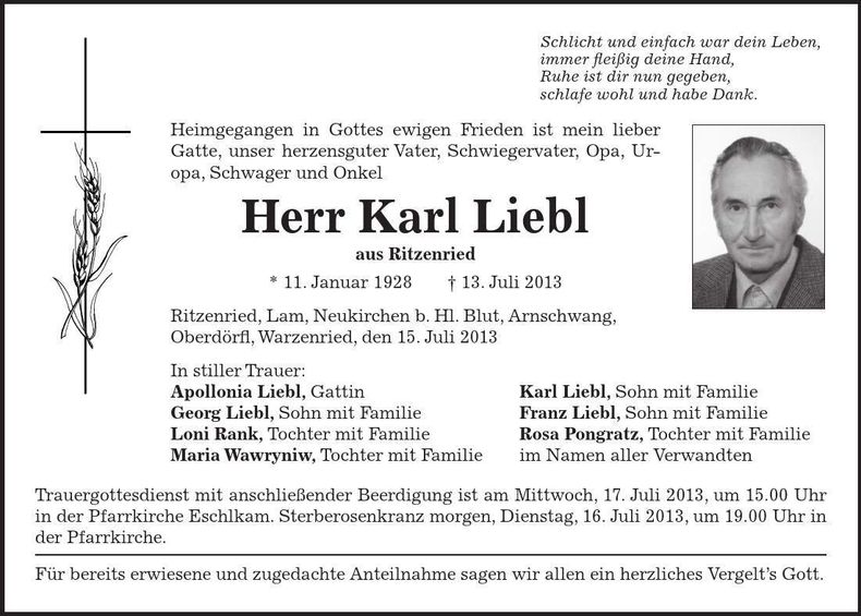 Traueranzeige Karl Liebl