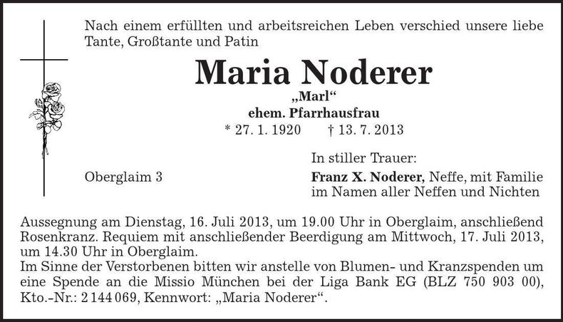 Traueranzeige Maria Noderer