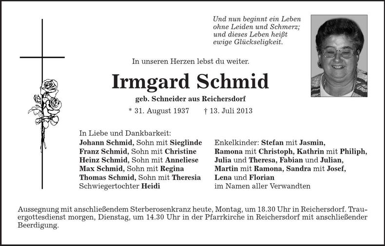 Traueranzeige Irmgard Schmid