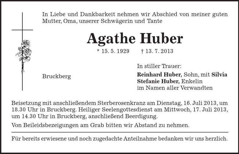 Traueranzeige Agathe Huber