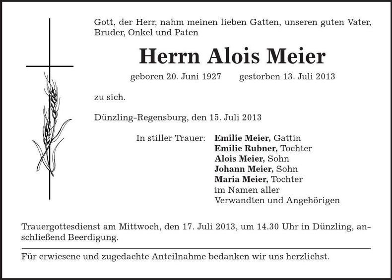 Traueranzeige Alois Meier