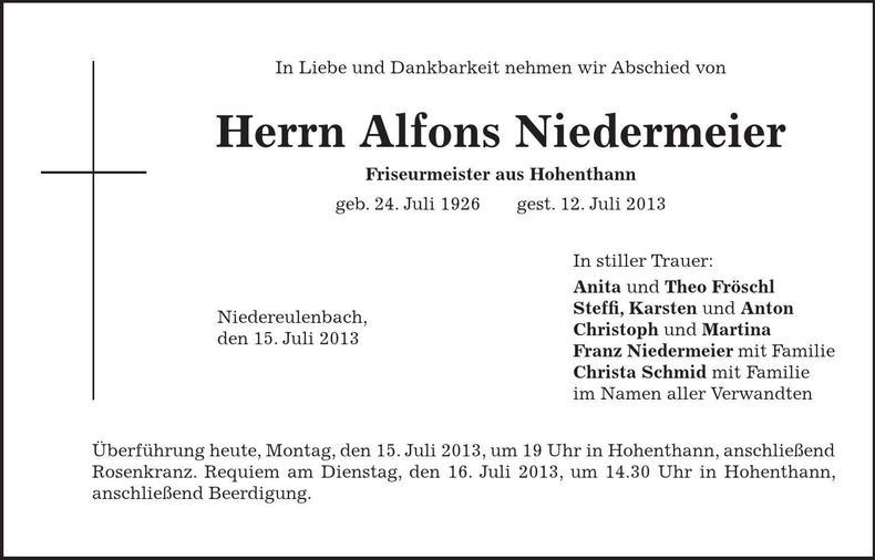 Traueranzeige Alfons Niedermeier