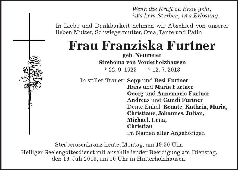 Traueranzeige Franziska Furtner