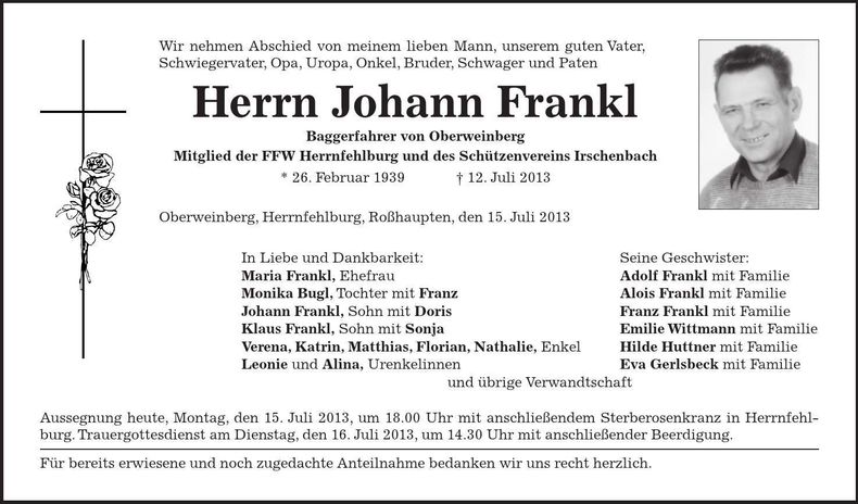 Traueranzeige Johann Frankl