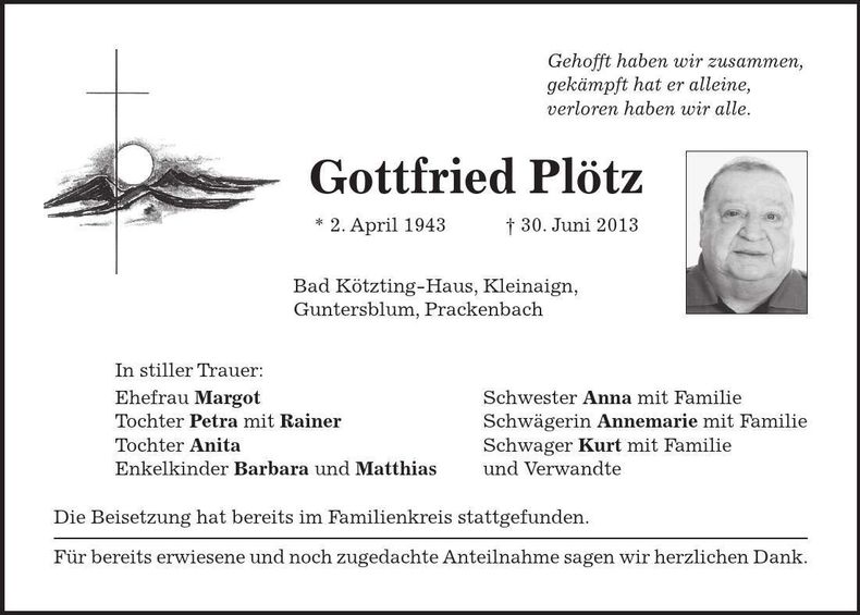 Traueranzeige Gottfried Plötz