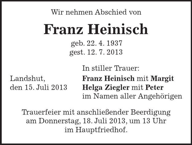 Traueranzeige Franz Heinisch