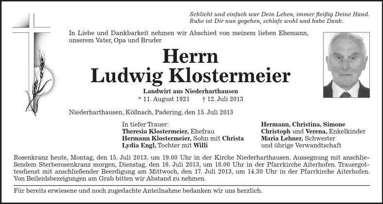 Traueranzeige Ludwig Klostermeier