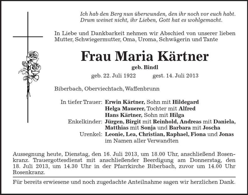 Traueranzeige Maria Kärtner