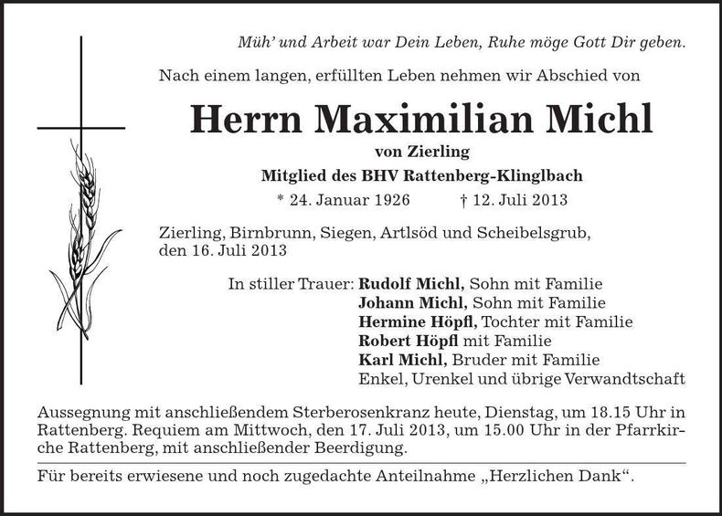 Traueranzeige Maximilian Michl