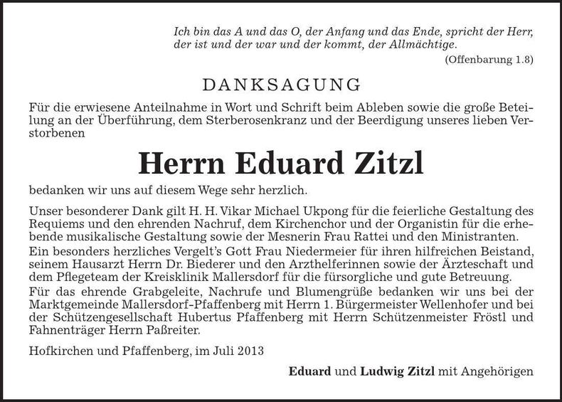 Traueranzeige Eduard Zitzl