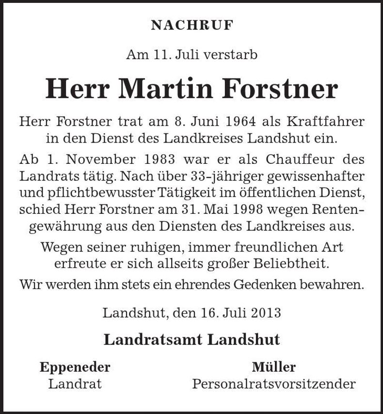 Traueranzeige Martin Forstner