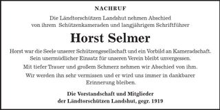 Traueranzeige Horst Selmer