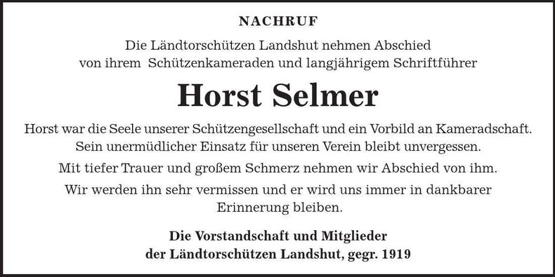 Traueranzeige Horst Selmer