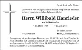 Traueranzeige Willibald Hanrieder